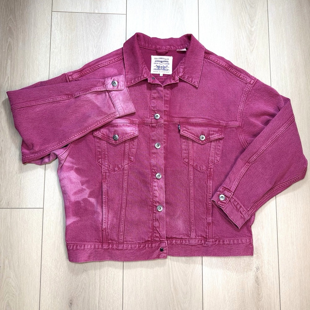 Levis Made Crafted Mens M Pink Denim Trucker Jacket Cotton Stretch Y2K TRASHED!